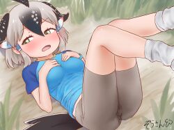 4:3_aspect_ratio bangs bird_tail black_hair blue_shirt blush breasts clothing embarrassed eyebrows_visible_through_hair feet_out_of_frame female female female_only female_solo footwear gradient_hair grass greater_roadrunner_(kemono_friends) green_eyes grey_hair hair_between_eyes hair_tubes hands_on_own_chest high_resolution kemono_friends kemono_friends_2 legs_up legwear looking_away looking_to_the_side lying masuyama_ryou medium_breasts multicolored_hair on_back on_ground open_mouth outdoors raglan_sleeves shirt short_hair socks solo spats vaginal_juices very_high_resolution wavy_mouth white_legwear