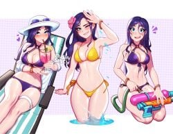 1girls adorable bikini blushypixy blushyspicy caitlyn_kiramman drink drinking league_of_legends pool_party_caitlyn pool_party_series purple_bikini purple_bikini_bottom purple_bikini_top purple_hair sun_hat water_gun yellow_bikini yellow_bikini_bottom yellow_bikini_top