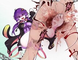 1girls arms_behind_back ballbusting blood castration chains clothed_female_nude_male eyebrows_visible_through_hair femdom gore guro male_ryona nude nude_male purple_eyes purple_hair tagme vocaloid voiceroid yuuki_takara yuzuki_yukari