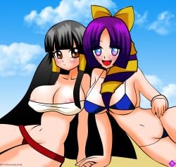 2girls arcana_heart artist_name big_breasts bikini black_hair blush breasts brown_eyes busty cleavage female female_only highres kasuga_maori large_breasts legs long_hair looking_at_viewer multiple_girls navel nipple_slip nipples open_mouth original purple_eyes purple_hair swimsuit thighs