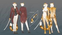 16:9 absurd_res anthro clothed clothed/nude clothing felid female hi_res high_heels mammal melee_weapon model_sheet nude okata pantherine saber solo standing sword thick_thighs tiger weapon widescreen