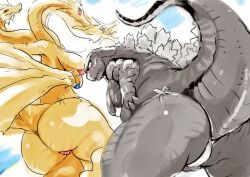 2girls 3_heads anthro anthrofied big_ass breasts bubble_butt conjoined dragon female godzilla godzilla_(series) huge_ass hydra kaiju king_ghidorah multi_head multiple_girls mutant nightmare_waifu rule_63 superdive43 tagme