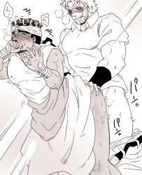 2boys anal blush closed_eyes clothed_sex gay jojo's_bizarre_adventure joseph_joestar male male/male male_only male_penetrated mohammed_avdol monochrome old_joseph older_male pants_down penetration stardust_crusaders yaoi