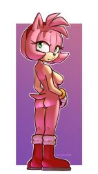 abstract_background amy_rose anthro boots boots_only breasts casual clothing eulipotyphlan exposed_torso female footwear footwear_only genitals gloves gloves_only handwear handwear_only hedgehog hi_res humanoid mammal mostly_nude pussy qrog rogone2 sega signature solo sonic_(series) sonic_the_hedgehog_(series) wristwear