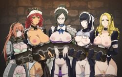 5girls areolae big_breasts black_eyes black_hair blonde_hair bra bra_down bra_up breasts captured censored cz2128_delta defeated dress exposed_breasts exposed_pussy female_only green_eyes high_ponytail humiliation imminent_rape lineup long_hair lupusregina_beta maid maid_apron maid_headdress maid_outfit maid_uniform medium_breasts mosaic_censoring narberal_gamma nipples orange_hair overlord_(maruyama) panties panties_down ponytail pubic_hair pussy red_hair sanmon small_breasts solution_epsilon torn_clothes torn_dress yellow_eyes yuri_alpha