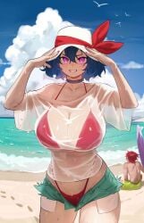 1girls beach big_breasts bikini blue_hair blush breasts enta_(nia) female female_focus hat hi_res looking_at_viewer medium_hair nia_(nia4294) original pink_eyes seaside see-through smiling smiling_at_viewer wet_clothes