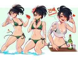 akali alcohol beverage bikini bikini_bottom_untied bikini_malfunction blush blushing blushypixy blushyspicy bottle clothed clothed_female cup cute flower_in_hair green_bikini half-dressed heart league_of_legends looking_at_viewer mask ninja pool pool_party_akali pool_party_series riot_games see-through_clothing smiling smiling_at_viewer splashing summer swimsuit tattoo tattoos text text_bubble thighs wardrobe_malfunction water water_balloon watermark wet_clothes wink winking winking_at_viewer