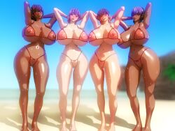 286c 3d 4girls ayane_(doa) big_breasts breasts dark-skinned_female dark_skin dead_or_alive female female_only hourglass_figure human large_breasts light-skinned_female light_skin nude nude_female outdoors partially_clothed purple_hair red_eyes short_hair