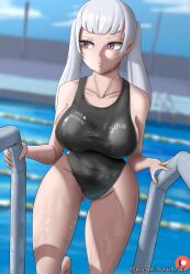 1girls ausoh bangs big_breasts black_clover breasts curvaceous curvy dripping female female_only hi_res hourglass_figure legs looking_away noelle_silva pool purple_eyes silver_hair simple_background swimsuit thick_thighs twintails voluptuous wet white_hair wide_hips