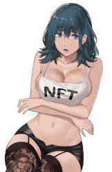 1girls bangs bare_shoulders black_legwear black_shorts blue_eyes blue_hair breasts byleth_(fire_emblem) byleth_(fire_emblem)_(female) camisole cleavage clothes_writing collarbone female female_only fire_emblem fire_emblem:_three_houses garter_straps highres huge_breasts j@ck looking_at_viewer medium_hair nintendo open_mouth short_shorts shorts solo thighhighs white_camisole