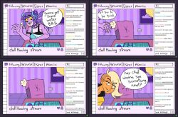 2d blonde_hair comic dialogue elekbill female female_focus female_only highres looking_at_viewer mauxie purple_fur short_hair speaking speech_bubble stream_chat streaming talking text vivian_(herny) werewolf werewolf_girl