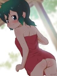 ass blush dutch_angle female female female_only female_solo green_hair high_resolution kaban_(kemono_friends) kaban_(kemono_friends_2) kemono_friends kemono_friends_2 looking_back masuyama_ryou medium_hair multicolored_hair naked_towel solo towel two-tone_hair very_high_resolution wet wet_hair