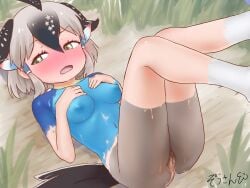 4:3_aspect_ratio areolae bangs bird_tail black_hair blush body_painting bodypaint breasts brush clothing embarrassed erect_nipples eyebrows_visible_through_hair false_clothes feet_out_of_frame female female_only female_solo gradient_hair grass greater_roadrunner_(kemono_friends) green_eyes grey_hair hair_between_eyes hair_tubes hands_on_own_chest high_resolution kemono_friends kemono_friends_2 legs_up looking_away looking_to_the_side lying masuyama_ryou medium_breasts multicolored_hair naked_paint navel nipples nude on_back on_floor on_grass on_ground open_mouth outdoors paint paintbrush painted_clothes shirt short_hair solo uncensored vagina vaginal_juices wavy_mouth