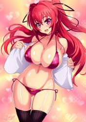 1girls :d absurdres artist_name bare_shoulders big_breasts bikini breasts busty choker cleavage collarbone female female_only gluteal_fold hair_between_eyes hair_ornament hair_ribbon heart heart_print highres huge_breasts joseph_cereceda long_hair looking_at_viewer naruse_mio nipples no_bra off_shoulder open_clothes open_mouth open_shirt red_bikini red_choker red_hair ribbon shinmai_maou_no_testament shiny shiny_skin signature smile solo swimsuit teeth thighhighs upper_teeth