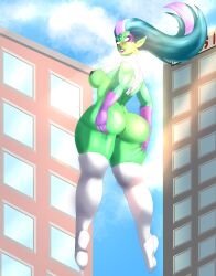 1girls aqua_hair ass big_ass boots breasts breasts_out elf_ears emerald_nathura female gloves green_hair green_skin herak light_skin long_hair monster_legends pointy_ears purple_hair purple_lipstick purple_nipples pussy small_breasts smile solo_female superheroine white_skin wide_hips