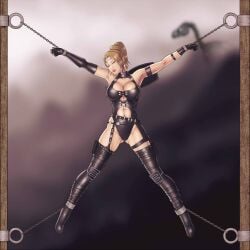 blonde_hair chained_up cleavage closed_eyes dead_or_alive gloves huge_breasts leather ninja_gaiden rachel_(ninja_gaiden) reptileye revealing_clothes thigh_boots