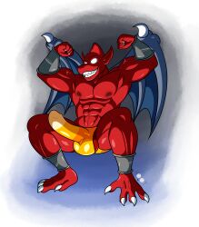 1boy abs absurd_res artist_logo artist_name bald balls_outline boner bulge capcom claws clothed clothing demon demon's_crest dg254 erection erection_under_clothing firebrand flexing_bicep flexing_both_biceps gargoyle gargoyle's_quest ghosts_'n_goblins glowing glowing_eyes hi_res hoot_(owl_logo) humanoid male male_nipples male_only membranous_wings monster muscles muscular_humanoid muscular_male no_visible_genitalia pecs penis_outline pointy_ears pose red_arremer red_body red_skin smile solo tenting toe_claws tongue_out white_eyes wings