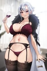 1girls arlecchino_(genshin_impact) blush bra breasts busty cleavage curvy garter_belt garter_straps genshin_impact jacket lingerie looking_at_viewer naughty_face panties picot_trim picot_trim_bra short_hair sigma_2018 spill teasing thick_thighs thighhighs trenchcoat voluptuous white_hair wine wine_glass