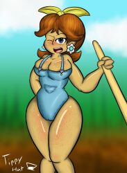 cleavage clothed curvy farmer freckles huge_breasts looking_at_viewer mario_(series) mario_kart mario_kart_tour nintendo princess_daisy tippyhat_(artist)