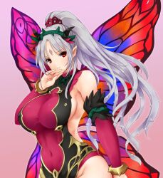 1girls ashita_yaru bangs bare_shoulders bare_thighs breasts butterfly_wings commentary_request detached_sleeves facial_mark female female female_only fire_emblem fire_emblem_heroes forehead_mark gradient gradient_background grey_hair groin hairband hand_up large_breasts long_hair looking_at_viewer nintendo pink_background plumeria_(fire_emblem) pointy_ears ponytail red_eyes sideboob solo thighs upper_body very_long_hair wings