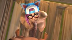 1futa 1girls 3d 4k blowjob calamity_(fortnite) cap dark_skin female female_focus fortnite futa_on_female futanari hi_res high-angle_view highres just_the_tip lynx_(fortnite) on_knees oral oral_sex pink_hair sfm weird_flexx