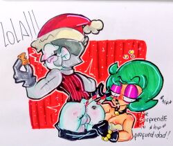 1boy anus ass balls blush brawl_stars candy christmas christmas_clothing cookie female gray_(brawl_stars) gray_hair green_hair lola_(brawl_stars) makeup mime nipples penis raviollimr red_background sketch spanish_text white_skin