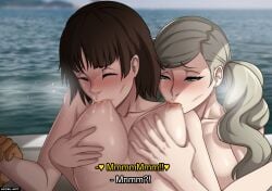 1boy 2girls accelart ann_takamaki ass beach big_ass bisexual blonde_hair blue_eyes blush breast_sucking breasts brown_hair camera completely_nude embarrassed english_text exhibitionism female female_focus femdom femsub groping large_breasts making_a_porno makoto_niijima male medium_breasts medium_hair midriff nervous nipple_suck nipples nude open_mouth outdoors persona persona_5 pussy pussy_juice recording red_eyes secretly_loves_it self_breast_sucking self_suckle short_hair smile spread_legs sucking_nipples sucking_own_breasts surprised text thick_thighs thighs twintails yuri