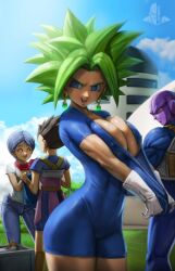 2boys 2girls alien armor background background_characters big_breasts black_hair blue_eyes blue_hair bodysuit braless breasts bulma_briefs busty cabba cameltoe cleavage clothing crate dragon_ball dragon_ball_super ear_piercing earrings elitenappa female female_focus female_saiyan fusion green_hair hit_(dragon_ball) huge_breasts human jeans kefla legendary_super_saiyan looking_at_another looking_at_viewer looking_back male nipple_bulge nipples nipples_visible_through_clothing no_bra outside pants piercing purple_skin realistic red_eyes saiyan saiyan_armor sash scarf shirt skin_tight stretchy_clothing super_saiyan super_saiyan_2 tease teasing thick_thighs tight_clothing tomboy wide_hips