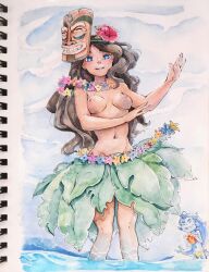 beach_ball blue_eyes blue_skin brown_hair clouds flower_in_hair hula hula_dancer hula_girl hula_skirt leaf_skirt lei oc ocean original_characters reno_coffee shrimp_girl tiki_mask tiki_princess topless towergirls watercolor_(artwork) yellow_bikini yellow_bikini_top