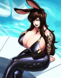 1girls black_hair bunny_ears commission crossed_legs female female_only final_fantasy final_fantasy_xiv huge_breasts long_hair looking_at_viewer lyuka narrowed_eyes nipple_bulge red_eyes sitting smiling_at_viewer solo solo_female tattoo tattooed_arm teeth_showing thick_thighs viera viewed_from_above ylva_nighthawk