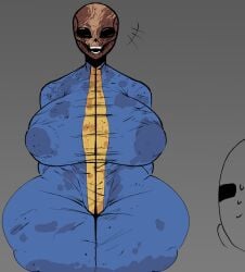 1girls bethesda_softworks clothing fallout female female_only ghoul_(fallout) huge_breasts jumpsuit large_areolae monster_girl mutant nightmare_fuel nightmare_waifu repomorame skin_tight thick_thighs vault_suit venus_body wide_hips