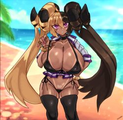 1girls ahoge aife_(zanamaoria) beach big_breasts bikini bikini_pull black_thighhighs blonde_female blonde_hair bracelets brown_hair choker curved_horns demon_horns female female_only gyaru hair_on_horn hand_on_hip hi_res horns light_blush long_hair looking_at_viewer pink_eyes pink_fingernails ring seaside solo solo_female succubus tan_skin tanline thigh_squish thighhighs two_tone_hair vithroil