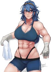 1girls abs after_workout alternate_breast_size alternate_hairstyle artist_signature athletic_female bandaged_arm bandages basedshark biceps blank_background blue_eyes blue_hair blush cloth fire_emblem fire_emblem_awakening fit_female large_breasts lucina_(fire_emblem) muscle muscle_tone muscles muscular_female muscular_thighs nintendo ponytail princess royalty shorts six_pack slight_smile smile solo solo_female sports_bra sweat sweatdrop symbol-shaped_pupils thick_thighs thong thunder_thighs tiara triceps unusual_pupils wide_hips