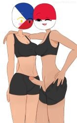 balls before_sex black_bra black_shorts blush breasts clothed countryhumans countryhumans_girl dark_skin flawsystyle ihavenohorns indonesia_(countryhumans) penis philippines_(countryhumans) surprised_expression sweat sweating trap