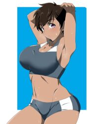 1girls armpits arms_behind_head arms_up big_breasts black_hair blue_background blush blush_lines breasts brown_body brown_skin closed_mouth collarbone covered_breasts female female_only hair_between_eyes huge_breasts koi_wa_ameagari_no_you_ni kyan_haruka large_breasts legs looking_at_viewer oppai purple_eyes ryohei_29 short_hair simple_background solo solo_female solo_focus sports_bra sports_uniform sportswear sweat sweatdrop sweating sweaty sweaty_armpits sweaty_body sweaty_legs tan_body tanned tanned_female tanned_skin thick_legs thick_thighs thighs tomboy toned toned_belly toned_body toned_female toned_stomach very_short_hair white_background