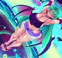 1girls armpits arms_behind_head bat_print big_breasts bikini capcom cashumeru casual cleavage clothing darkstalkers demon_wings earrings female female_only green_eyes green_hair head_wings hi_res large_breasts long_hair looking_at_viewer minishorts morrigan_aensland narrowed_eyes panties sandals shorts smiling smiling_at_viewer solo solo_female succubus thick_thighs wings