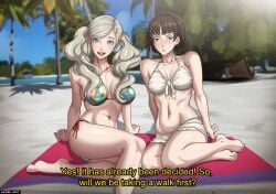 2girls accelart ann_takamaki beach bikini blonde_hair blue_eyes breasts brown_hair camera embarrassed english_text excited female female_only introduction large_breasts making_a_porno makoto_niijima medium_breasts medium_hair midriff multiple_girls open_mouth outdoors persona persona_5 recording red_eyes short_hair smile swimsuit text thick_thighs thighs twintails