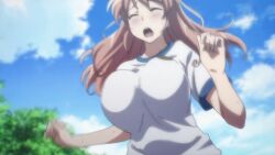 animated big_breasts bouncing_breasts breasts brown_hair female koumi_haruka large_breasts rail_wars! screencap