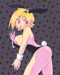 big_lips bimbo blonde_hair bunnysuit erocoffee nipples pink_eyes