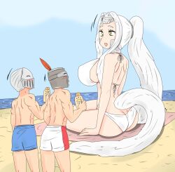 1girls 2boys alternate_costume beach big_breasts bikini chosen_undead crossbreed_priscilla dark_souls dragon_girl female fromsoftware furry_tail giantess horns huge_breasts long_hair long_tail male ponytail sideboob solaire_of_astora swimsuit tail tikoriko white_bikini white_fur white_hair wholesome yellow_eyes zronku