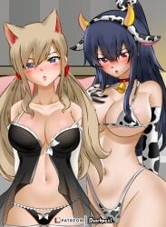 2girls alternate_version_available big_breasts blonde_hair blue_eyes blue_hair bubble_ass bubble_butt cat_ears cow_ears cow_girl cow_horns cow_print cowbell cowgirl cowgirl_outfit edens_zero embarrassed female female_only homura_kogetsu lingerie mole mole_under_eye patreon patreon_logo ponytail ponytails rebecca_bluegarden red_eyes see-through see-through_clothing selfie sharknex sole_female taking_picture taking_selfie thighhighs twintails wide_hips