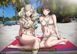 2girls abs accelart ann_takamaki athletic_female barefoot beach bikini blonde_hair blue_eyes breasts brown_hair calf_muscles camera english_text feet female female_only introduction large_breasts light-skinned_female making_a_porno makoto_niijima medium_breasts medium_hair midriff multiple_girls open_mouth outdoors persona persona_5 recording red_eyes short_hair smile swimsuit text thick_thighs thighs twintails