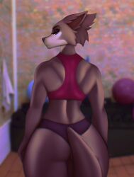 2022 anthro aozee ass athletic athletic_female beastars black_nose black_panties canine canine_humanoid digital_media_(artwork) eyebrows eyelashes female female_only furry furry_female furry_only grey_eyes gym gym_clothes inside juno_(beastars) looking_at_viewer looking_back looking_back_at_viewer mammal mammal_humanoid no_humans panties rear_view solo solo_female standing tagme tail thick_thighs white_sclera wolf wolf_humanoid