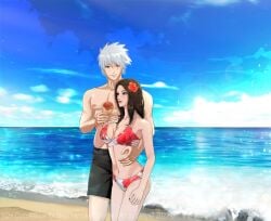 1boy 1boy1girl 1girls beach female flower flower_in_hair fully_clothed hair_ornament hatake_kakashi heterochromia holding_partner ice_cream lesya7 long_hair male male/female mole mole_under_mouth naruto naruto_(series) naruto_shippuden ocean original_character outdoors sand seaside sharingan shore short_hair shorts swimsuit torso_grab unmasked water