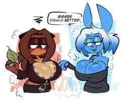 2girls anthro big_breasts blue_eyes blue_fur blue_hair breast_expansion breasts brown_fur brown_hair buxy_xyz chest_tuft cleavage domino_mask female fox furry gradient_hair half-closed_eyes hi_res highres holding_object huge_breasts leaf long_ears looking_at_another midriff open_mouth ponytail skirt smile speech_bubble sweater tanuki tied_hair unamused white_background yu_(kilinah) zipper