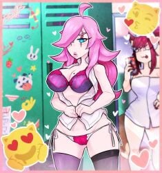 2girls academy_ahri academy_series ahri battle_academia_katarina battle_academia_series big_breasts blue_eyes bra female female_only katarina_du_couteau league_of_legends panteon013 panties pink_and_white_panties pink_hair pink_panties purple_bra scar_across_eye side-tie_panties thick_thighs underwear vastaya