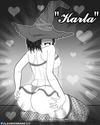 :3 alternate_costume big_ass blush bubble_butt claudiosnake333 dark_souls dark_souls_3 female female_only fishnet_stockings fishnet_thighhighs fishnets fromsoftware grey_panties grey_thong hands_on_ass huge_ass karla_the_witch lingerie looking_at_viewer looking_back medium_breasts medium_hair monochrome panties see-through_clothing sideboob sitting smile solo stockings thighhighs thong witch_hat