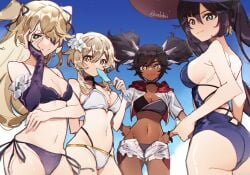 4girls ass bikini black_hair blue_swimsuit breasts cleavage dark-skinned_female dark_skin detached_sleeves eyepatch female female_only fischl_(genshin_impact) genshin_impact highres kradebii looking_at_viewer lumine_(genshin_impact) medium_breasts mona_(genshin_impact) mona_ass multiple_girls navel one-piece_swimsuit one_eye_covered open_clothes open_shorts purple_bikini shorts sideboob smile swimsuit twintails two_side_up white_bikini white_shorts xinyan_(genshin_impact) yellow_eyes