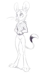 animancer blep bottomless clothed clothing dipodid female genitals hi_res hoodie jerboa luck_(animancer) mammal monochrome pussy rodent tongue tongue_out topwear