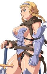 1girls armor belt belt_collar beltskirt bikini_armor black_panties blonde_hair blue_eyes blush_lines breasts confident covered_breasts covered_nipples female female_only female_warrior fingerless_gloves gloves hair hair_ornament holding holding_sword holding_weapon huge_breasts large_breasts legs leina light-skinned_female light_skin oppai panties profile queen's_blade revealing_clothes ryohei_29 shiny shiny_skin smile smiling solo solo_female solo_focus sword thick_thighs thighs thong toned toned_belly toned_female toned_stomach upper_body warrior weapon